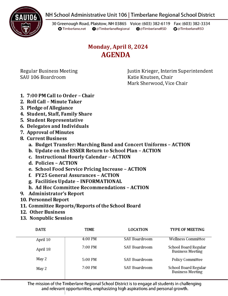 School Board Agenda 04 08 24 Timberlane Regional School District