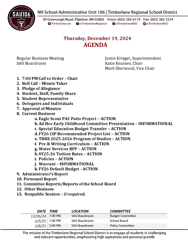 School Board Agenda 121924 Timberlane Regional School District